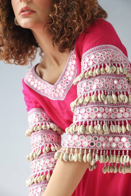 Buy_Kesar Studio_Pink Silk, Crepe, Georgette Mirrors, Beads, Embroidery V-neck Kurta Gharara Set_Online_at_Aza_Fashions