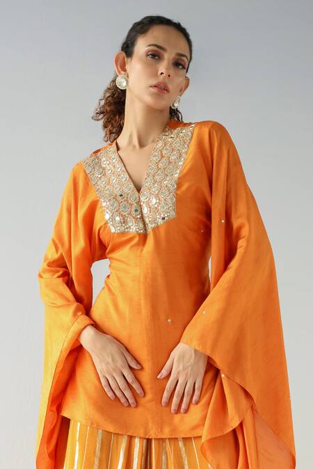 Kesar Studio_Orange Silk, Georgette Embroidery, Zari V-neck Yoke Kurta And Sharara Set_Online_at_Aza_Fashions
