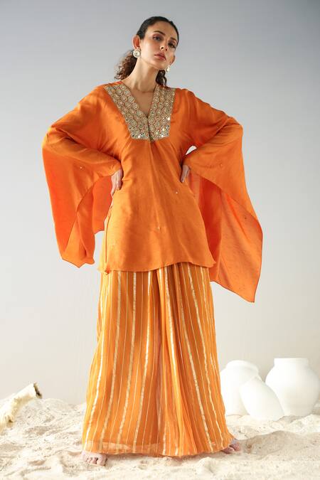 Buy_Kesar Studio_Orange Silk, Georgette Embroidery, Zari V-neck Yoke Kurta And Sharara Set_Online_at_Aza_Fashions