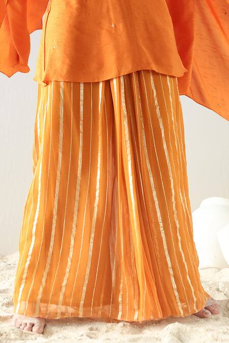 Shop_Kesar Studio_Orange Silk, Georgette Embroidery, Zari V-neck Yoke Kurta And Sharara Set_Online_at_Aza_Fashions