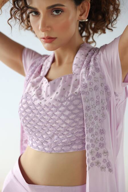Buy Kesar Studio Purple Silk, Crepe Beads, Embroidery V-neck Cape Sharara Set Online at Aza Fashions Buy_Kesar Studio_Purple Silk, Crepe Beads, Embroidery V-neck Cape Sharara Set_Online_at_Aza_Fashions
