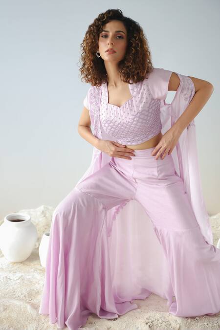 Shop Kesar Studio Purple Silk, Crepe Beads, Embroidery V-neck Cape Sharara Set at Aza Fashions Shop_Kesar Studio_Purple Silk, Crepe Beads, Embroidery V-neck Cape Sharara Set_at_Aza_Fashions