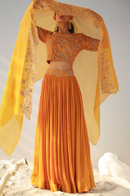 Buy_Kesar Studio_Yellow Silk, Organza, Georgette Zari, Metallic Embroidered Blouse Lehenga Set_Online_at_Aza_Fashions