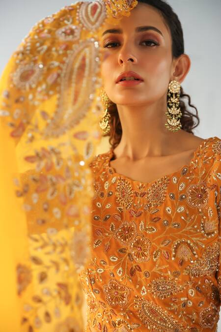 Shop_Kesar Studio_Yellow Silk, Organza, Georgette Zari, Metallic Embroidered Blouse Lehenga Set_Online_at_Aza_Fashions