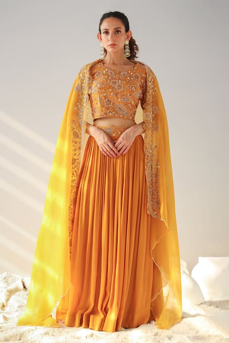 Kesar Studio Yellow Silk Embroidered Zari Round Neck Blouse Lehenga Set 