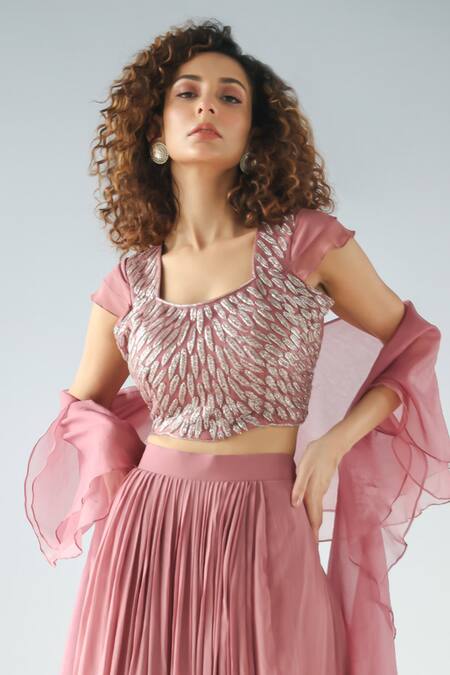 Kesar Studio Purple Organza, Georgette Embroidery, Cut Work Round Neck Dana Blouse Skirt Set Online at Aza Fashions Kesar Studio_Purple Organza, Georgette Embroidery, Cut Work Round Neck Dana Blouse Skirt Set_Online_at_Aza_Fashions