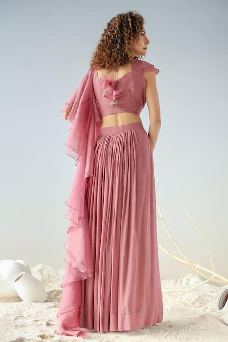 Shop Kesar Studio Purple Organza, Georgette Embroidery, Cut Work Round Neck Dana Blouse Skirt Set at Aza Fashions Shop_Kesar Studio_Purple Organza, Georgette Embroidery, Cut Work Round Neck Dana Blouse Skirt Set_at_Aza_Fashions