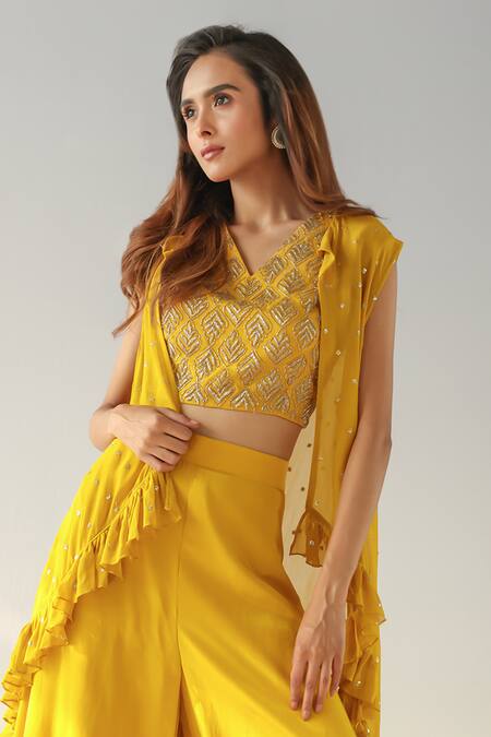 Kesar Studio Yellow Silk, Net, Crepe Sequins V-neck Embroidered Cape Pant Set Online at Aza Fashions Kesar Studio_Yellow Silk, Net, Crepe Sequins V-neck Embroidered Cape Pant Set_Online_at_Aza_Fashions