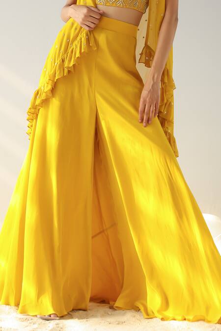 Buy Kesar Studio Yellow Silk, Net, Crepe Sequins V-neck Embroidered Cape Pant Set Online at Aza Fashions Buy_Kesar Studio_Yellow Silk, Net, Crepe Sequins V-neck Embroidered Cape Pant Set_Online_at_Aza_Fashions