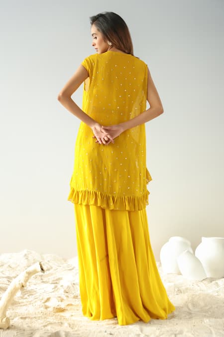 Shop Kesar Studio Yellow Silk, Net, Crepe Sequins V-neck Embroidered Cape Pant Set at Aza Fashions Shop_Kesar Studio_Yellow Silk, Net, Crepe Sequins V-neck Embroidered Cape Pant Set_at_Aza_Fashions