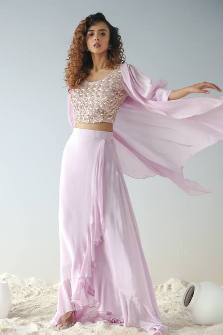 Buy_Kesar Studio_Purple Organza, Crepe Embroidery, Sequins, Ruffles Round Neck, Blouse Skirt Set_Online_at_Aza_Fashions