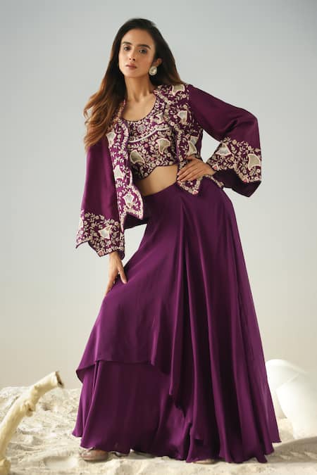 Buy_Kesar Studio_Purple Organza, Crepe Zari, Sequins, Embroidery Round Thread Jacket Skirt Set _Online_at_Aza_Fashions