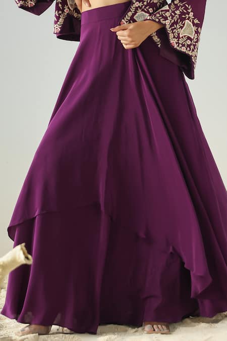 Shop_Kesar Studio_Purple Organza, Crepe Zari, Sequins, Embroidery Round Thread Jacket Skirt Set _Online_at_Aza_Fashions