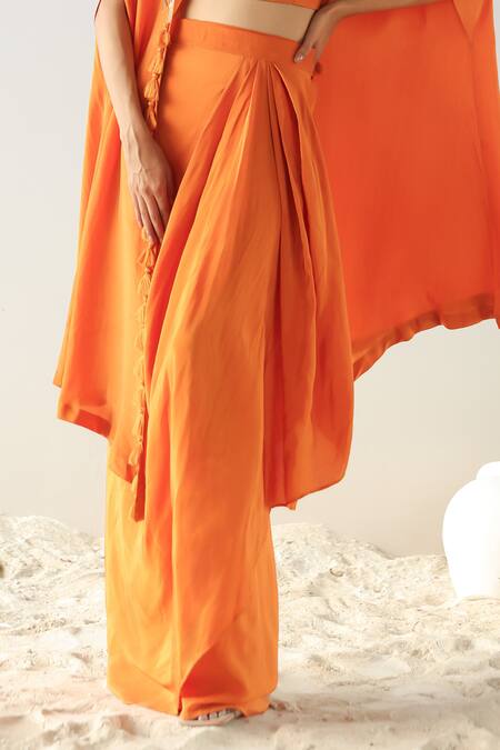 Kesar Studio_Orange Organza, Crepe Sequins, Embroidery Round Neck Thread Cape Skirt Set_Online_at_Aza_Fashions