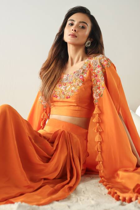 Buy_Kesar Studio_Orange Organza, Crepe Sequins, Embroidery Round Neck Thread Cape Skirt Set_Online_at_Aza_Fashions