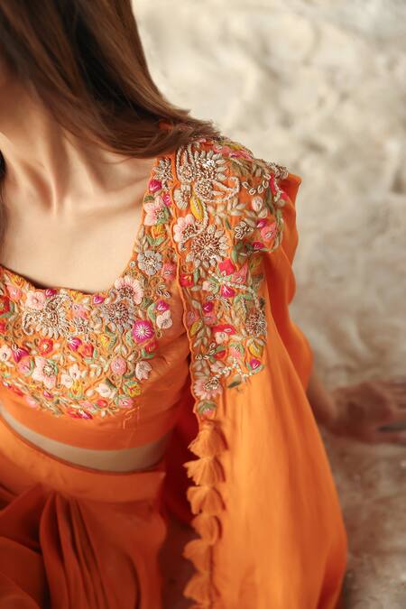Shop_Kesar Studio_Orange Organza, Crepe Sequins, Embroidery Round Neck Thread Cape Skirt Set_Online_at_Aza_Fashions