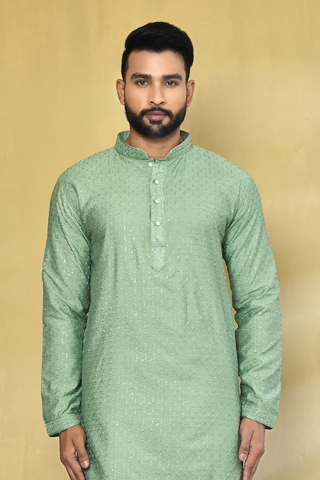 Arihant Rai Sinha Green Viscose, Cotton, Polyester Embroidery, Sequins Geometric Thread Kurta Set Online at Aza Fashions Arihant Rai Sinha_Green Viscose, Cotton, Polyester Embroidery, Sequins Geometric Thread Kurta Set _Online_at_Aza_Fashions