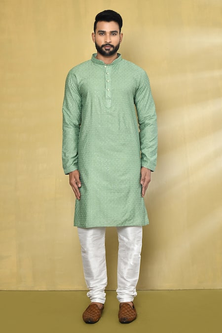 Buy_Arihant Rai Sinha_Green Viscose, Cotton, Polyester Embroidery, Sequins Geometric Thread Kurta Set _Online_at_Aza_Fashions