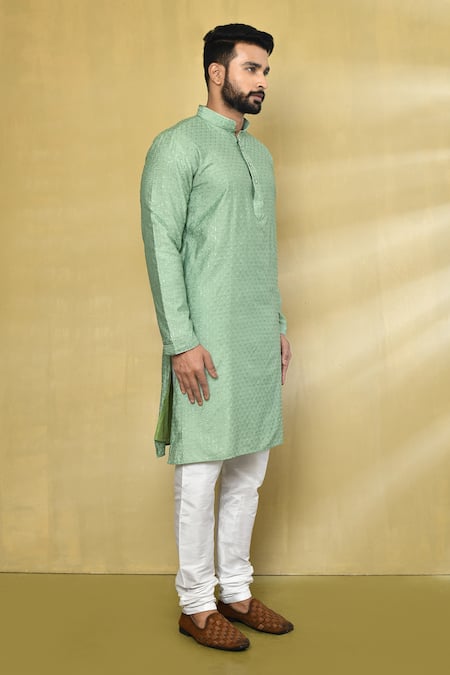 Shop_Arihant Rai Sinha_Green Viscose, Cotton, Polyester Embroidery, Sequins Geometric Thread Kurta Set _Online_at_Aza_Fashions