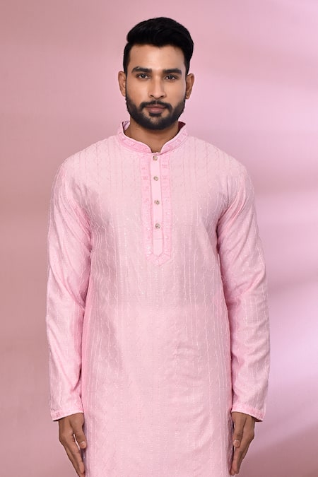 Arihant Rai Sinha_Pink Viscose, Cotton, Polyester Embroidery Geometric Thread Work Kurta Set_Online_at_Aza_Fashions