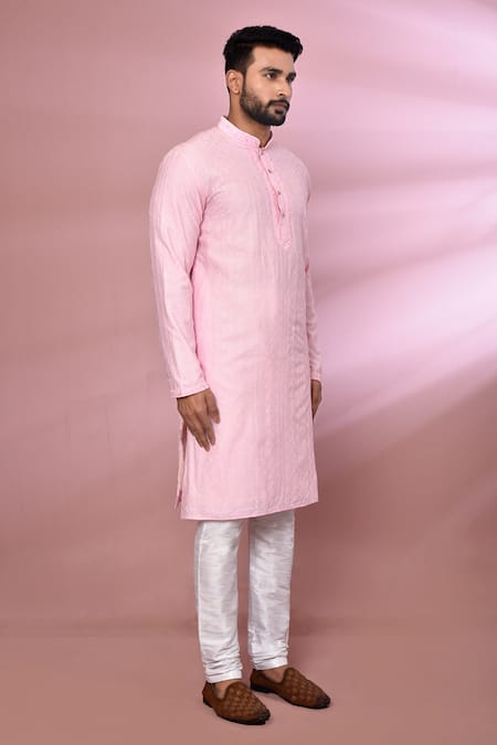 Shop_Arihant Rai Sinha_Pink Viscose, Cotton, Polyester Embroidery Geometric Thread Work Kurta Set_Online_at_Aza_Fashions