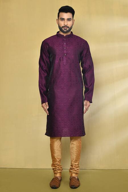 Buy_Arihant Rai Sinha_Purple Silk, Polyester, Cotton Embroidery Geometric Pattern Kurta Set _Online_at_Aza_Fashions