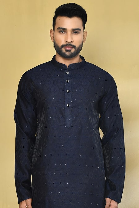 Arihant Rai Sinha_Blue Silk, Polyester, Cotton Embroidery Geometric Self Pattern Kurta Set_Online_at_Aza_Fashions