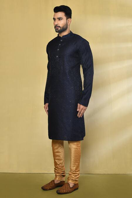 Shop_Arihant Rai Sinha_Blue Silk, Polyester, Cotton Embroidery Geometric Self Pattern Kurta Set_Online_at_Aza_Fashions