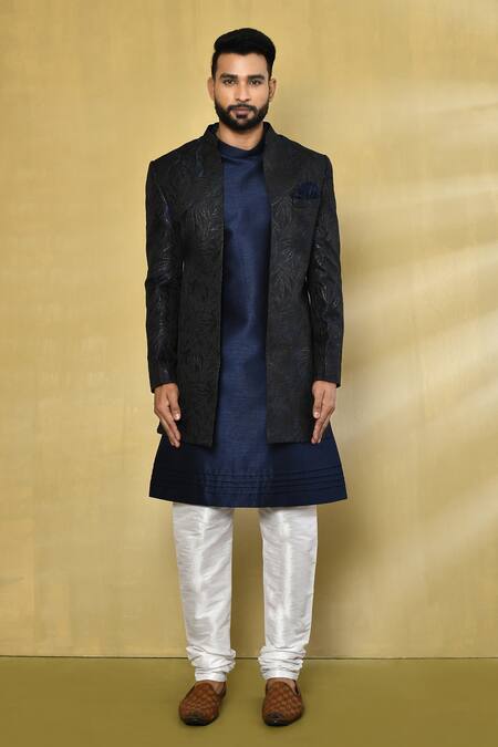 Shop_Arihant Rai Sinha_Black Silk, Jacquard Embroidery Leaf Pattern Jacket And Kurta Set _Online_at_Aza_Fashions