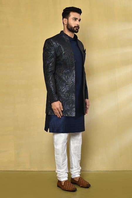 Arihant Rai Sinha_Black Silk, Jacquard Embroidery Leaf Pattern Jacket And Kurta Set _at_Aza_Fashions