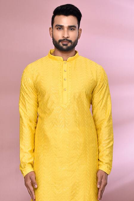 Arihant Rai Sinha_Yellow Viscose, Cotton, Polyester Embroidery Chevron Kurta Set _Online_at_Aza_Fashions