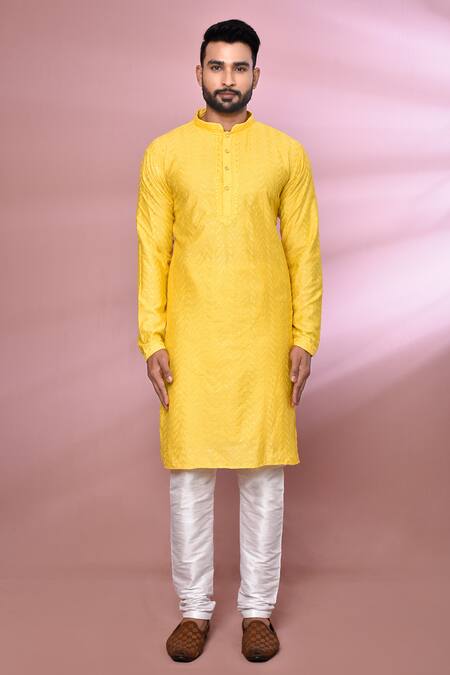 Buy_Arihant Rai Sinha_Yellow Viscose, Cotton, Polyester Embroidery Chevron Kurta Set _Online_at_Aza_Fashions