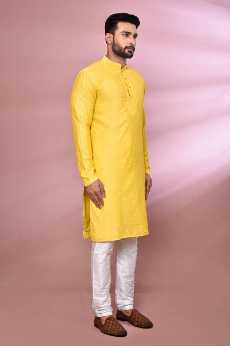 Shop_Arihant Rai Sinha_Yellow Viscose, Cotton, Polyester Embroidery Chevron Kurta Set _Online_at_Aza_Fashions