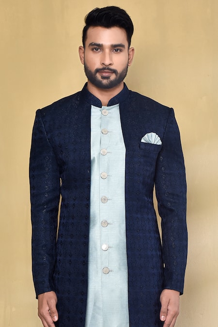 Arihant Rai Sinha_Blue Jacquard, Silk Geometric Pattern Asymmetric Nawabi Kurta Set _Online_at_Aza_Fashions