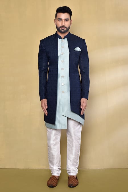 Buy_Arihant Rai Sinha_Blue Jacquard, Silk Geometric Pattern Asymmetric Nawabi Kurta Set _Online_at_Aza_Fashions