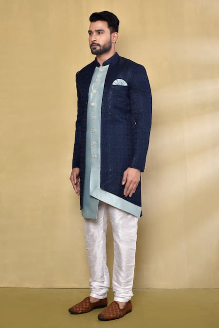 Shop_Arihant Rai Sinha_Blue Jacquard, Silk Geometric Pattern Asymmetric Nawabi Kurta Set _Online_at_Aza_Fashions