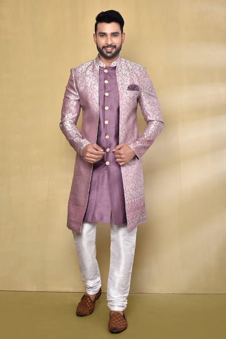 Arihant Rai Sinha Purple Kurta Jacquard Silk Woven Floral Vine Pattern Asymmetric Nawabi Set