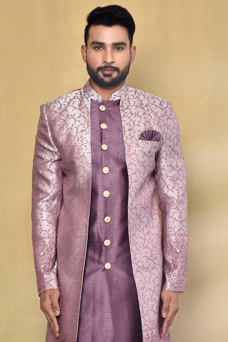 Arihant Rai Sinha_Purple Jacquard, Silk Embroidery Floral Vine Pattern Asymmetric Nawabi Kurta Set_Online_at_Aza_Fashions
