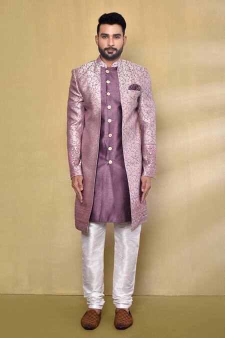 Buy_Arihant Rai Sinha_Purple Jacquard, Silk Embroidery Floral Vine Pattern Asymmetric Nawabi Kurta Set_Online_at_Aza_Fashions