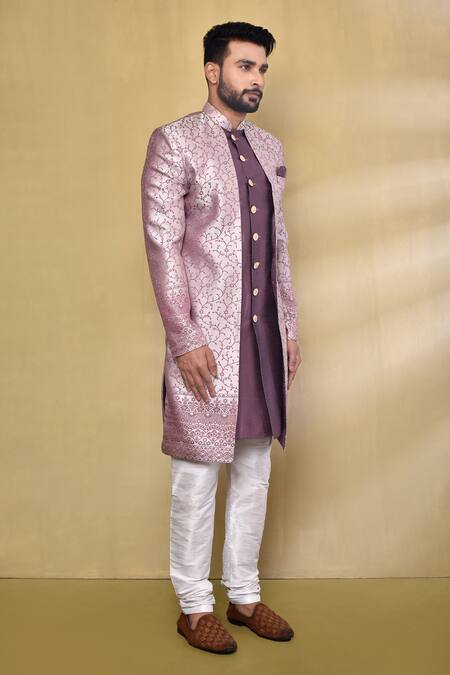 Shop_Arihant Rai Sinha_Purple Jacquard, Silk Embroidery Floral Vine Pattern Asymmetric Nawabi Kurta Set_Online_at_Aza_Fashions