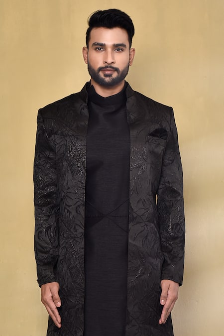 Arihant Rai Sinha_Black Silk, Jacquard Embroidery Woven Nawabi Jacket With Pintucked Kurta Set _Online_at_Aza_Fashions
