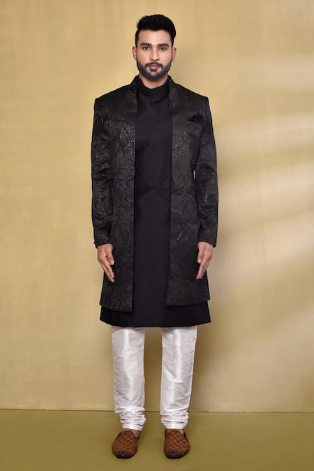 Buy_Arihant Rai Sinha_Black Silk, Jacquard Embroidery Woven Nawabi Jacket With Pintucked Kurta Set _Online_at_Aza_Fashions