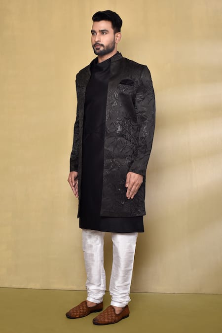 Shop_Arihant Rai Sinha_Black Silk, Jacquard Embroidery Woven Nawabi Jacket With Pintucked Kurta Set _Online_at_Aza_Fashions