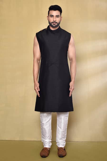 Arihant Rai Sinha_Black Silk, Jacquard Embroidery Woven Nawabi Jacket With Pintucked Kurta Set _at_Aza_Fashions
