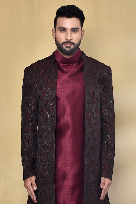 Buy_Arihant Rai Sinha_Black Jacquard, Silk Embroidery Wave Pattern Woven Jacket With Kurta Set _Online_at_Aza_Fashions