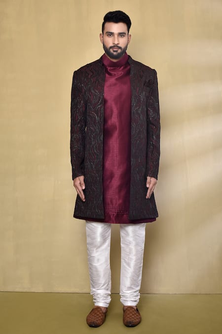 Shop_Arihant Rai Sinha_Black Jacquard, Silk Embroidery Wave Pattern Woven Jacket With Kurta Set _Online_at_Aza_Fashions