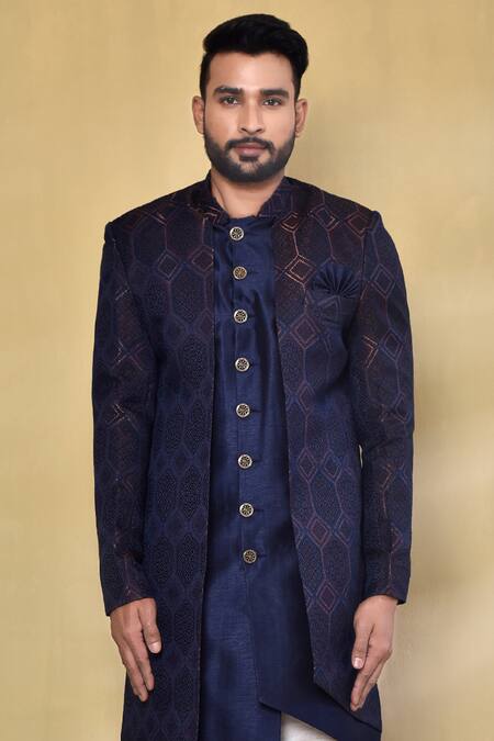 Arihant Rai Sinha_Blue Jacquard, Silk Geometric Pattern Woven Jacket With Kurta Set _Online_at_Aza_Fashions
