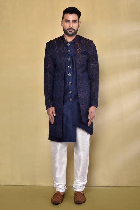 Buy_Arihant Rai Sinha_Blue Jacquard, Silk Geometric Pattern Woven Jacket With Kurta Set _Online_at_Aza_Fashions