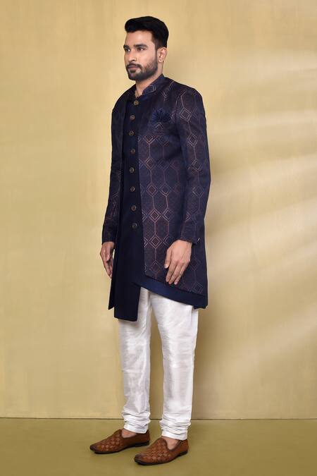 Shop_Arihant Rai Sinha_Blue Jacquard, Silk Geometric Pattern Woven Jacket With Kurta Set _Online_at_Aza_Fashions