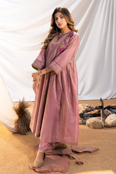 The White Tree Studio Purple Anarkali Handloom Cotton Embroidery Thread Floral And Pant Set Online at Aza Fashions The White Tree Studio_Purple Anarkali Handloom Cotton Embroidery Thread Floral And Pant Set _Online_at_Aza_Fashions